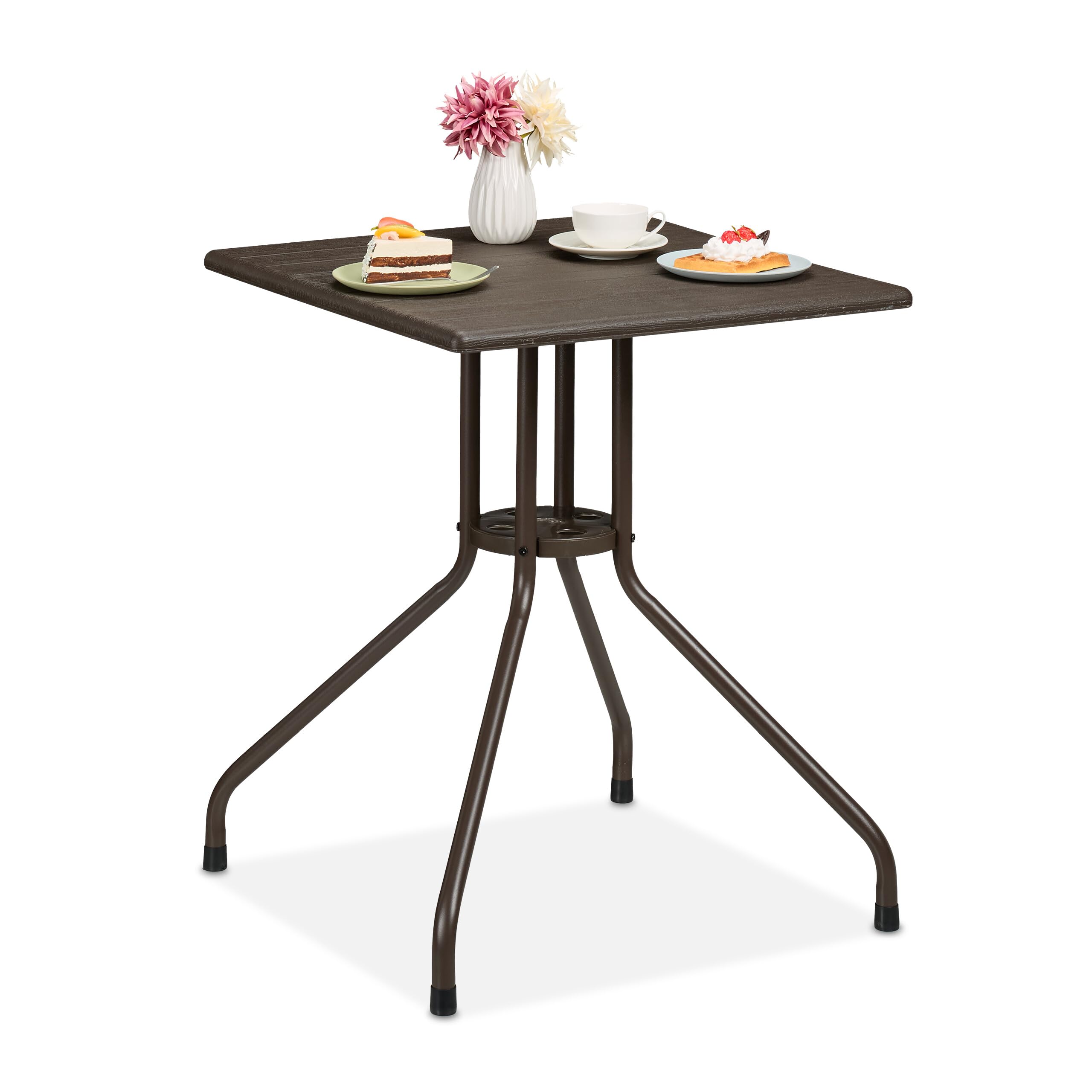Table de jardin carrée en plastique marron imitation bois et acier, stable et compacte