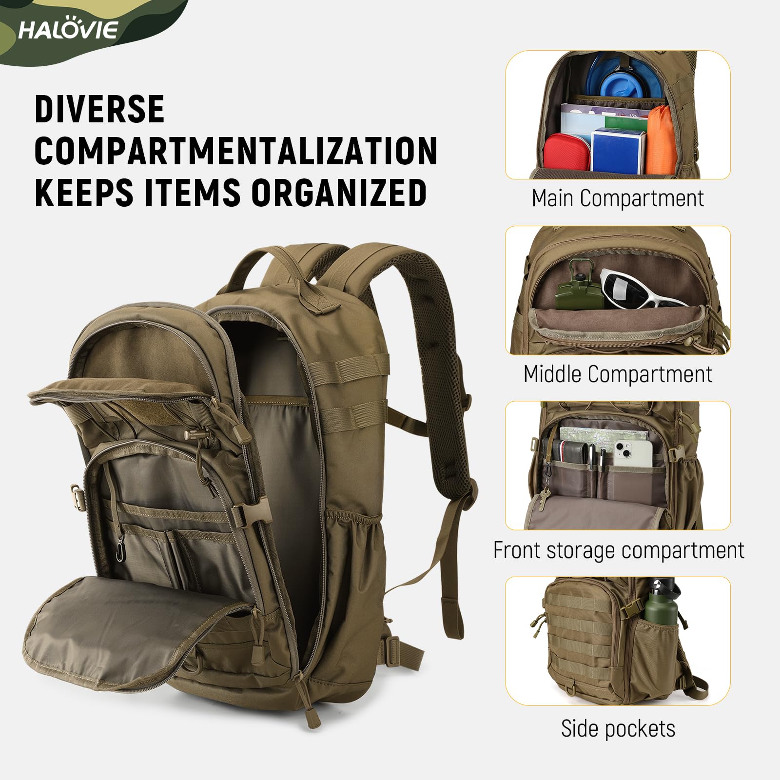 HALOVIE Sac à dos Tactique Militaire 30L, Ultraléger Sac à dos de Randonnée Sac Crossfit pour Voyages Excursion Camping Pêche