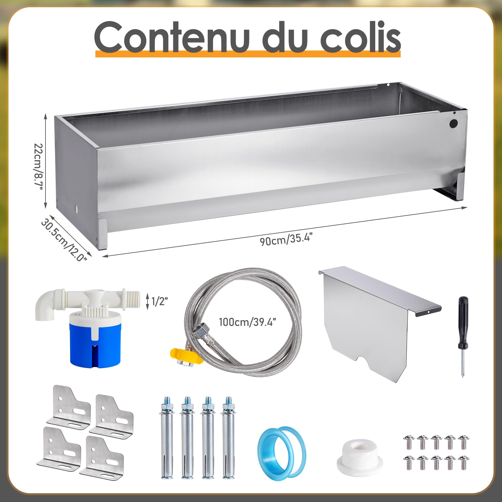 50 litres Bac à Abreuvoir avec Flotteur 1/2 Pouce, Abreuvoir Automatique avec Kit de Connexion, Bac à Abreuvoir à Flotteur avec Supports, Distributeur d’Eau pour Chevaux, Chèvres, Bœufs