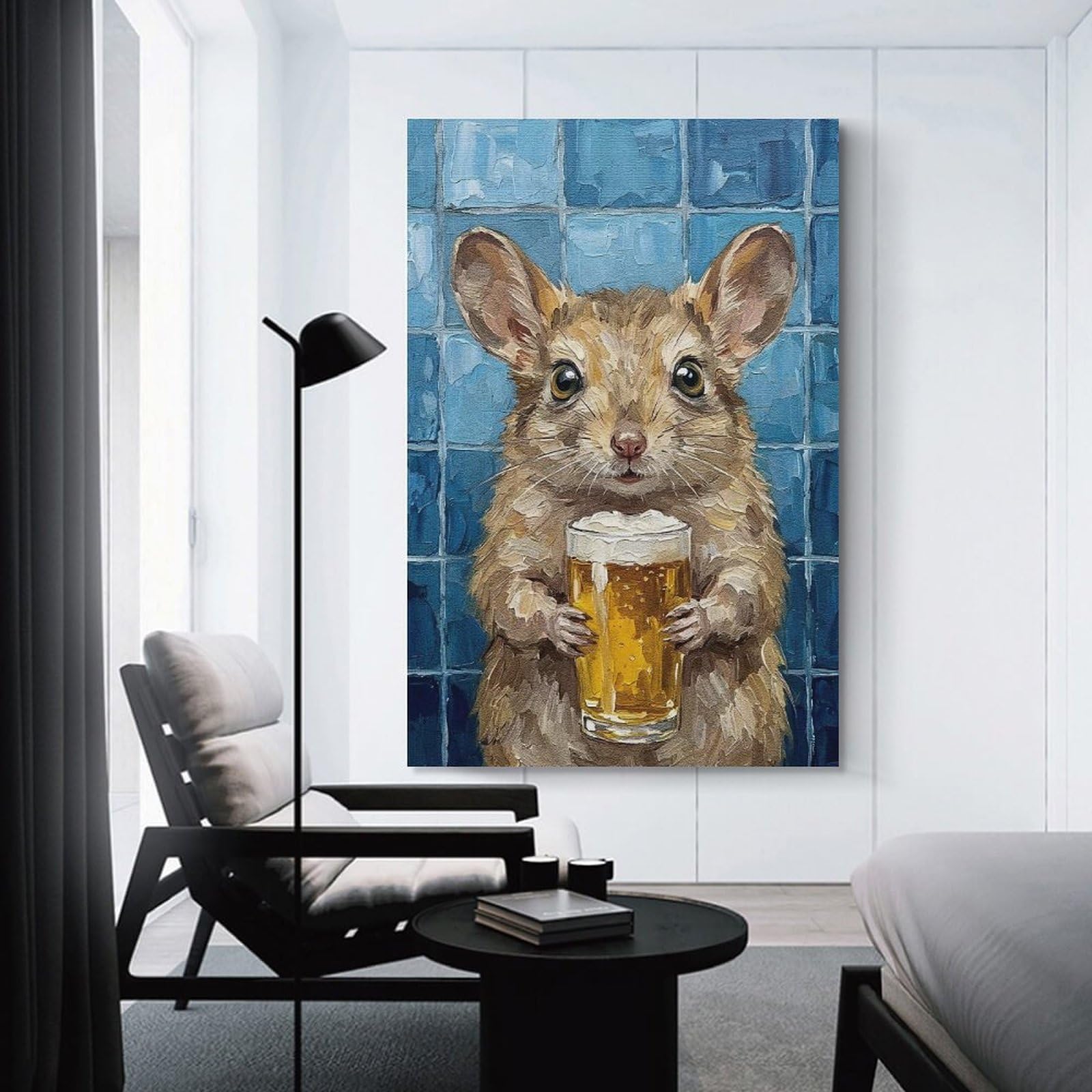 Junmoney Unframe-Style-7 Home Decor Wall Art Mouse With Beer Painting, 24X36inch(60X90cm), For Bedroom Decor, Cosy Corners Or Studios, Decorative Wall Art For Cosy Rooms