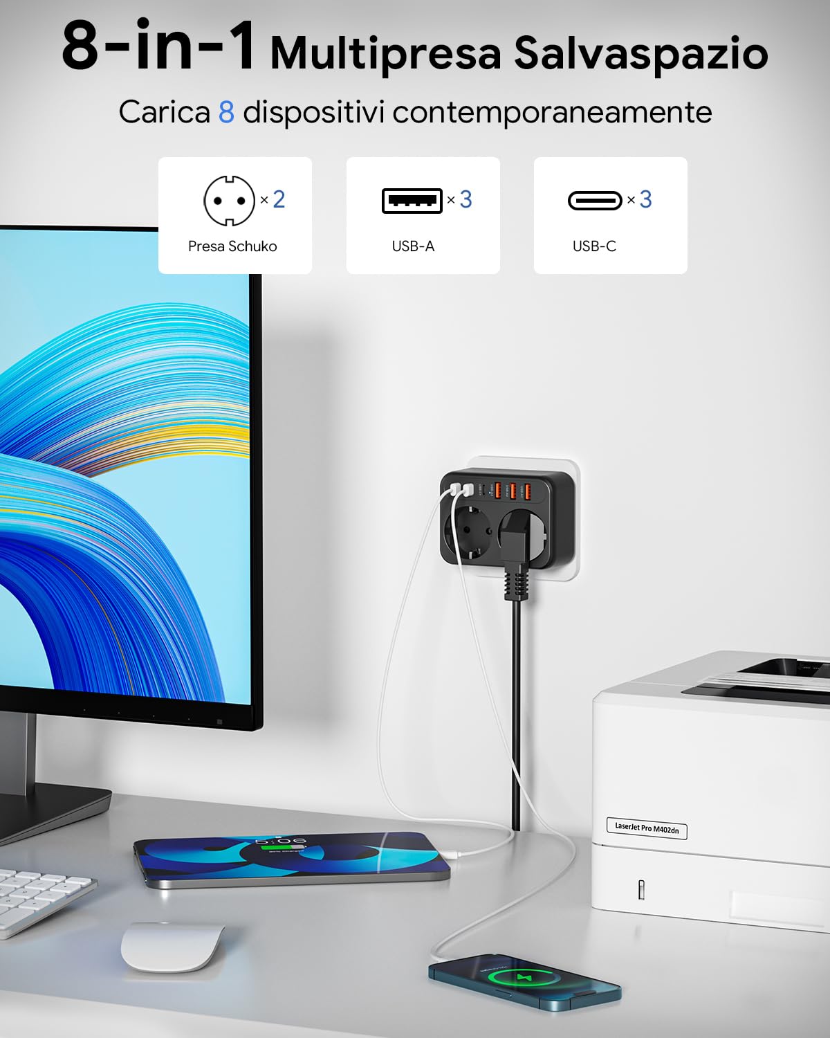 WENTONG Presa Multipla USB con 2 Schuko, Multipresa da Parete con 6 USB 5V/3.4A, 3500W Presa Piatta Salvaspazio 15A, per Ufficio, Famiglia, Cucina e Viaggio