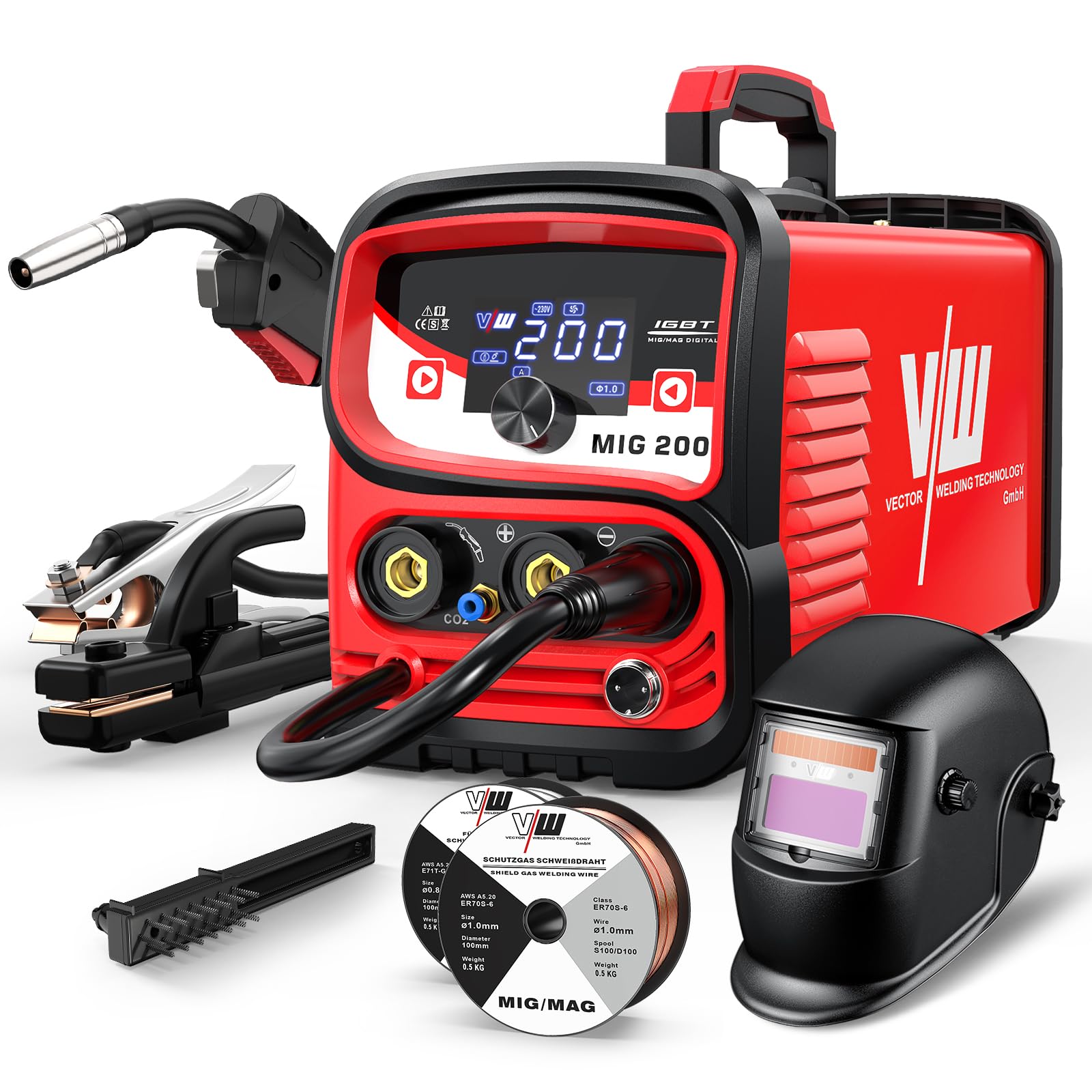 VECTOR WELDING Wire Welder 4 in 1 MIG Welding Machine MAG 200A | MIG with Gas, Flux MIG without Gas, MMA and Lift-TIG, IGBT Inverter, LED Display, MCU Control, with Wires and Welding Helmet