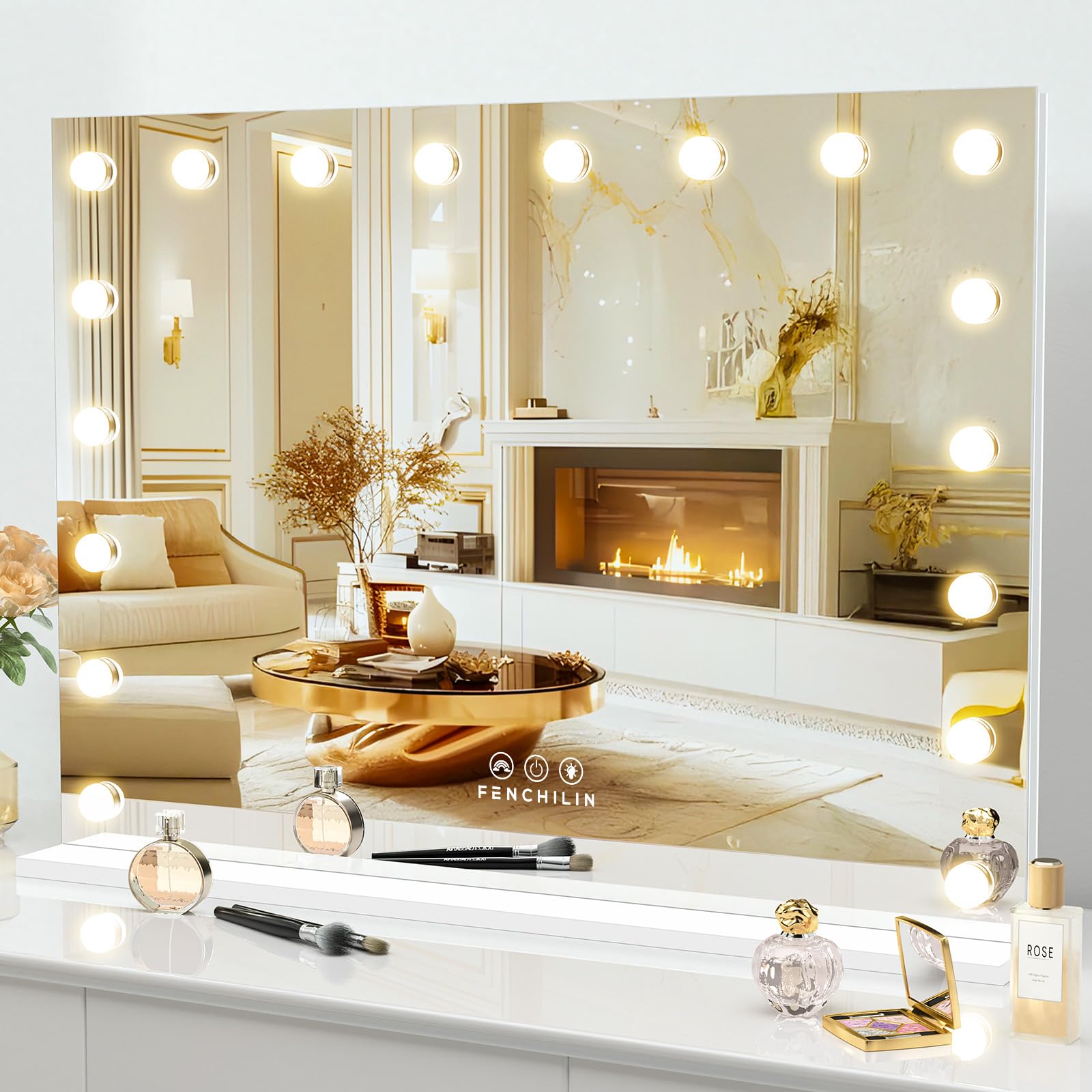 FENCHILIN Hollywood Mirror with RGB Lighting, 18 LED Makeup Mirror with Lighting, 80 x 60 cm, 3 Colours of Light Temperature, Mirror with Lighting, Tempered Glass, White