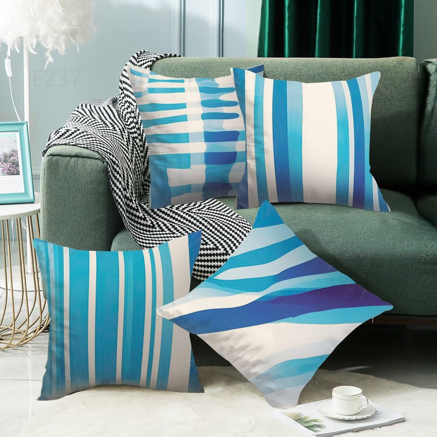 Azzurro Federe Cuscini Divano 60x60cm,4 Pack Geometria Estate Esterno Cuscini per Divano,Doppio Lato Quadrato Morbido Cuscini Divano,per Divano Soggiorno Sedia Autunno Dekoration Cuscino,Regali LY-237