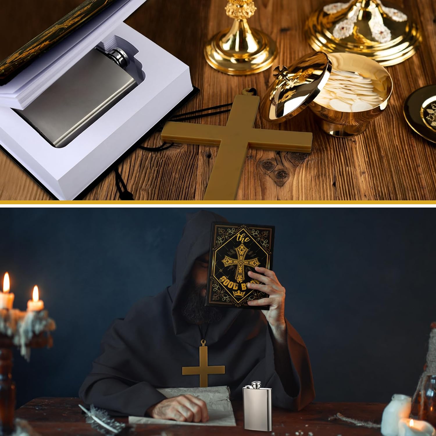 Hoolerry 3 Pcs Priest Costume Accessories for Men Priest Nun Large Plastic Gold Monk Cross Necklace Disguised Kettle 4 oz in a Book Hidden Kettle for Halloween Cosplay Party