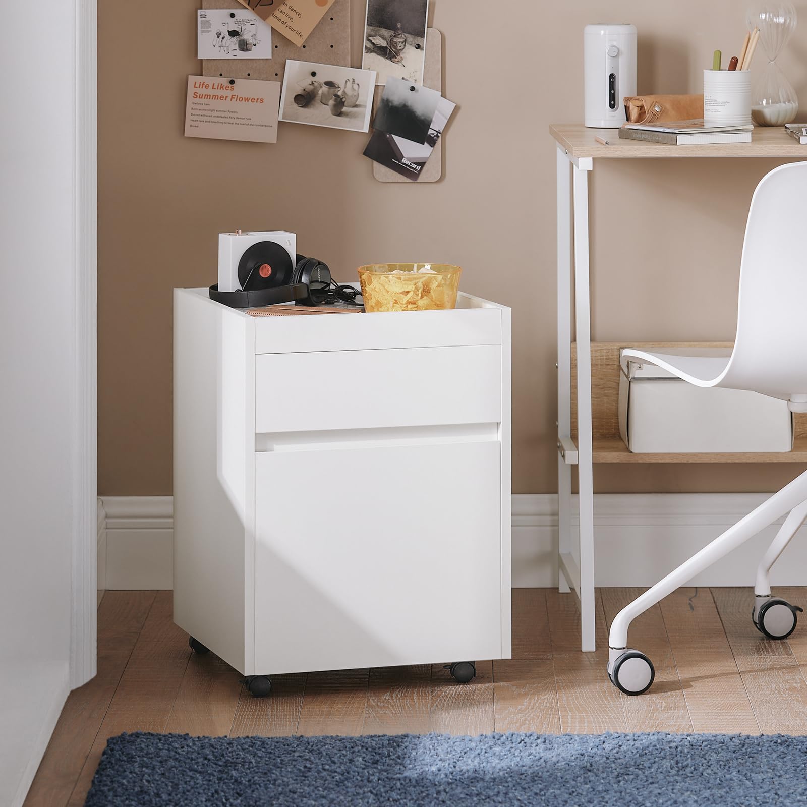 SoBuy Caisson Bureau Mobile, Petit Meuble à Dossier sur roulettes, Meuble de Rangement Mobile, Rangement Document 2 tiroirs, 4 roulettes, Blanc, L40 x P40 x H54 cm, FBT121-W