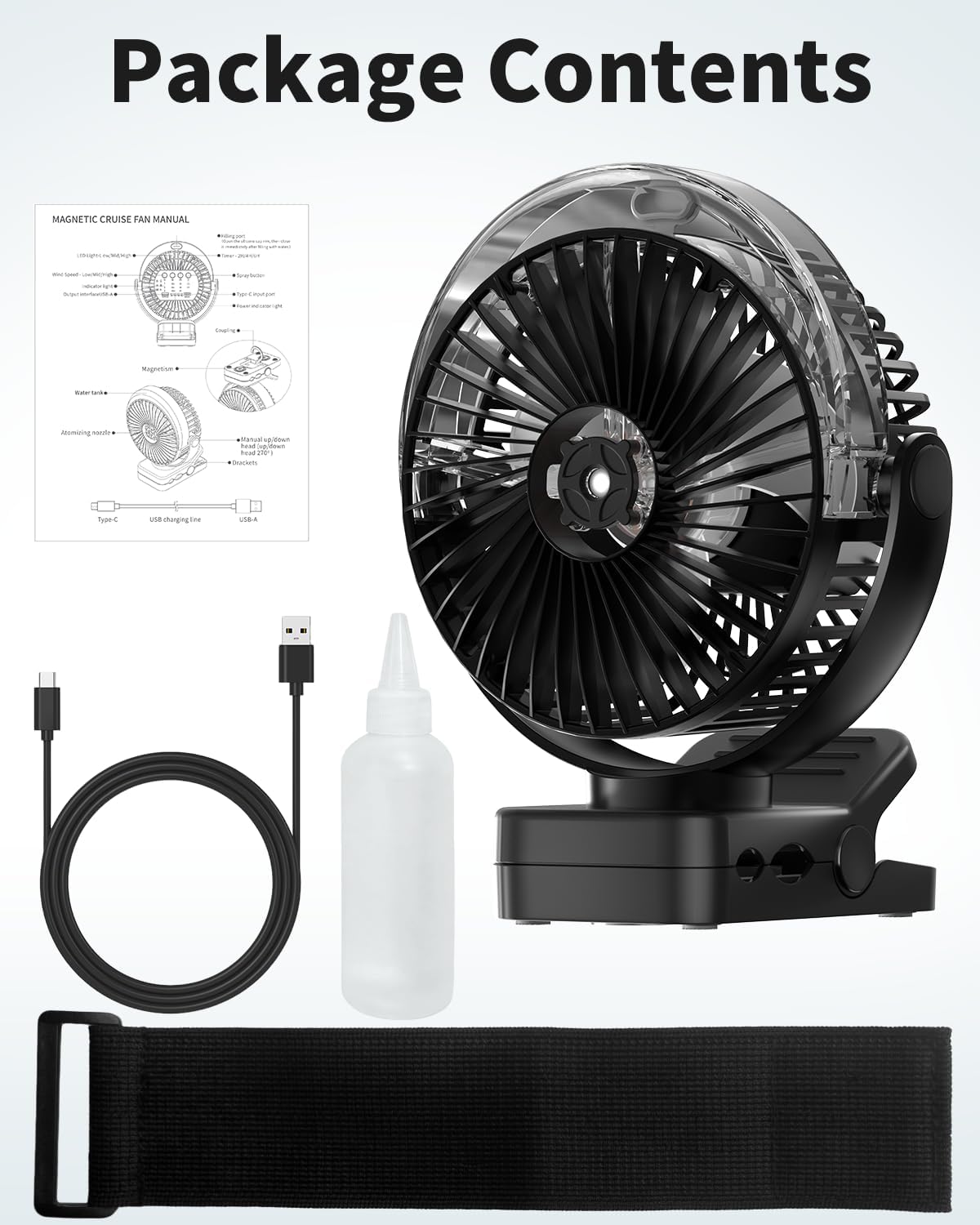 ADUST Magnetic Golf Cart Fan with Misting, 6-Inch Clip on Portable Fan, 12000mAh Rechargeable Battery, 4Speeds, 3Levels Lights, 2Spray Modes, Gift for Men&Women, Cruise Ship Travel Accessories