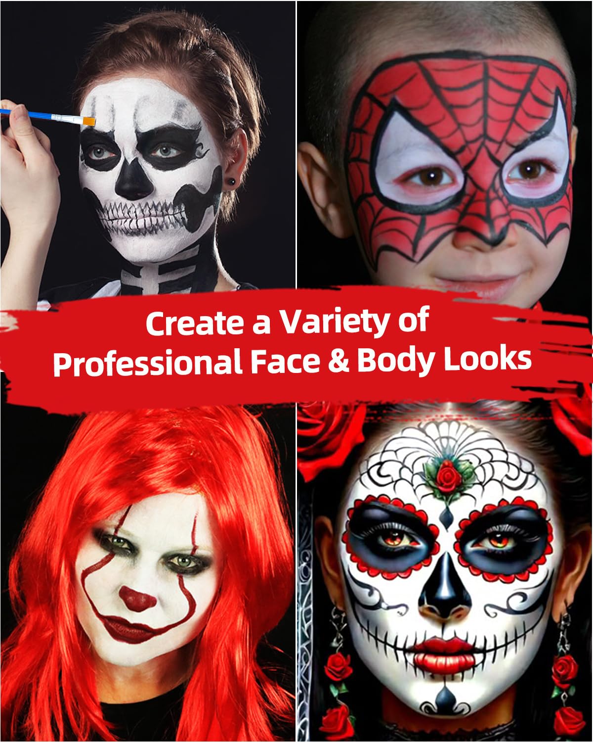 3 Colors Oil Based Face Body Paint Set with 6 Brushes, White Black Red Clown Makeup Kit for Halloween Goth Pennywise Joker Devil Zombie Vampire Skeleton SFX Cosplay Stage, Non Toxic for Kids & Adults - Image 6