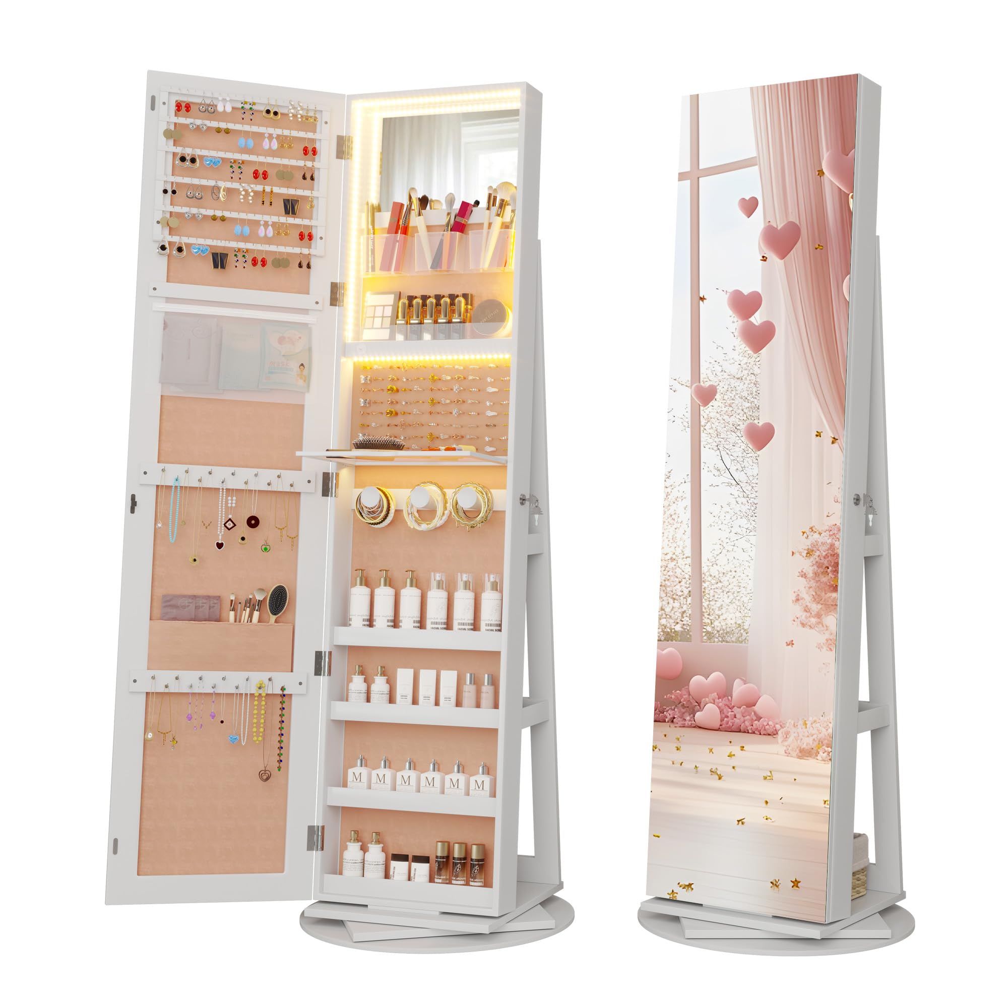 Vlsrka 360° Swivel Mirror Jewelry Cabinet, Large Jewelry Armoire Cabinet Standing, Lockable Full Length Mirror with Storage, 3 LED Lights, Foldable Makeup Shelf, Beige Velvet, White