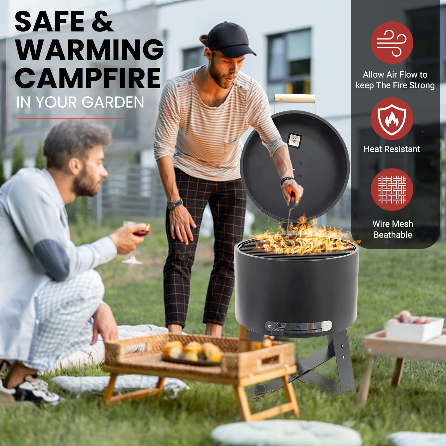 Grill na węgiel drzewny z pokrywką – czarna stal – grill Kamado – grill kempingowy na zewnątrz – 40 x 40 x 57 cm