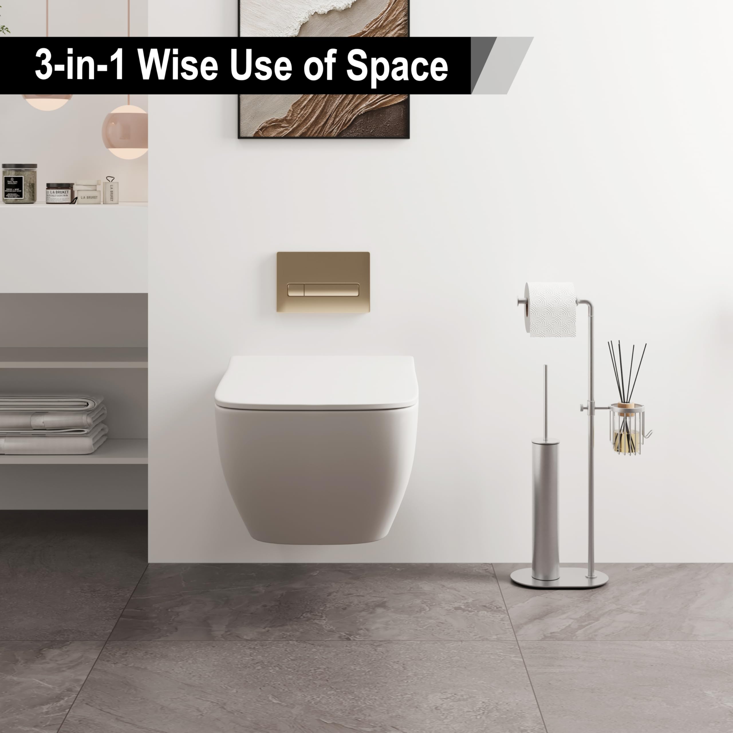 BVL Porta Carta Igienica e Scopino Nichel, Portacartaigienica Bagno in Acciaio Inox con Pratico Cestello Portaoggetti a 360°, Scopino Bagno WC con Porta Carta Igienica