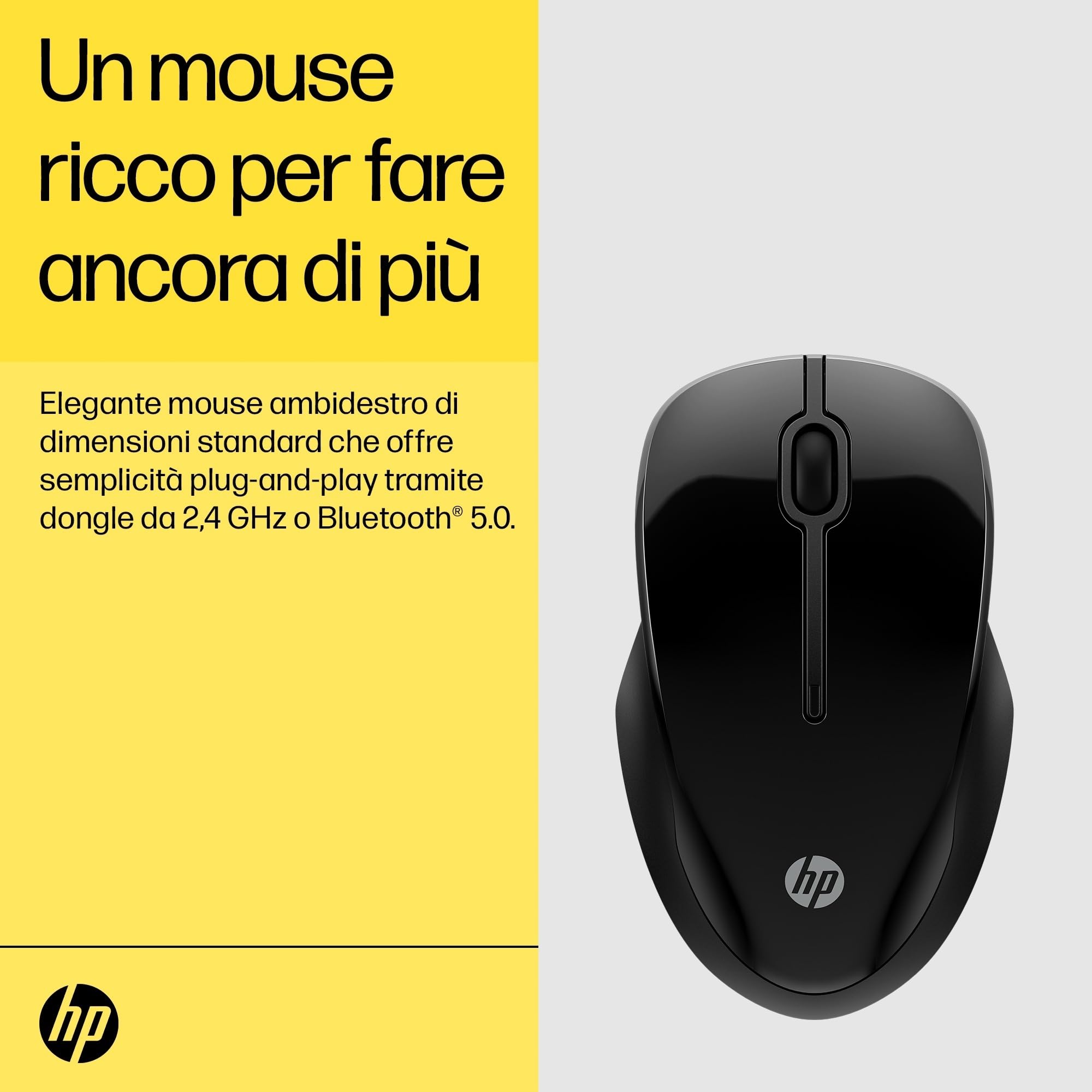 HP 250 Mouse Empire Wireless, Connessione USB-A e Bluetooth 5.0, Tecnologia LED Blu, Risoluzione fino a 1600 DPI, Profilo Sagomato ed Ergonomico, Compatibile con Windows 10, 11 e Chrome OS, Nero