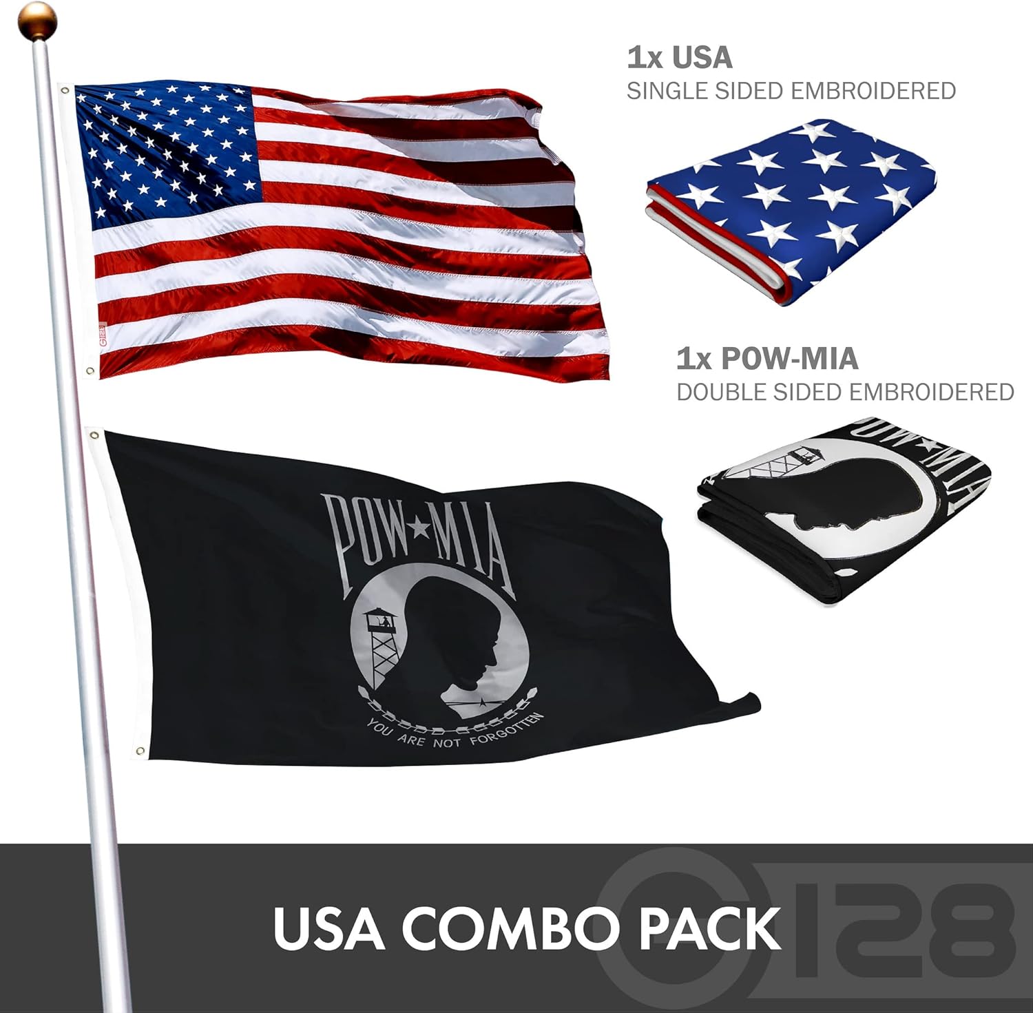 G128 Combo Pack: USA American Flag 2x3 Ft Embroidered Stars & POW MIA Flag 2x3 Ft Embroidered Double Sided 3ply