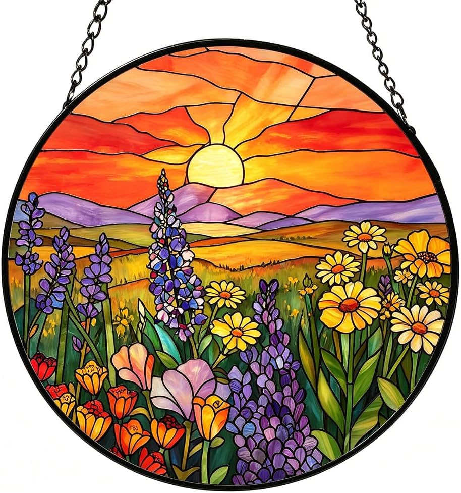Stained Glass Sun Catcher Colorful Wildflower Sunset Garden Window Hanging