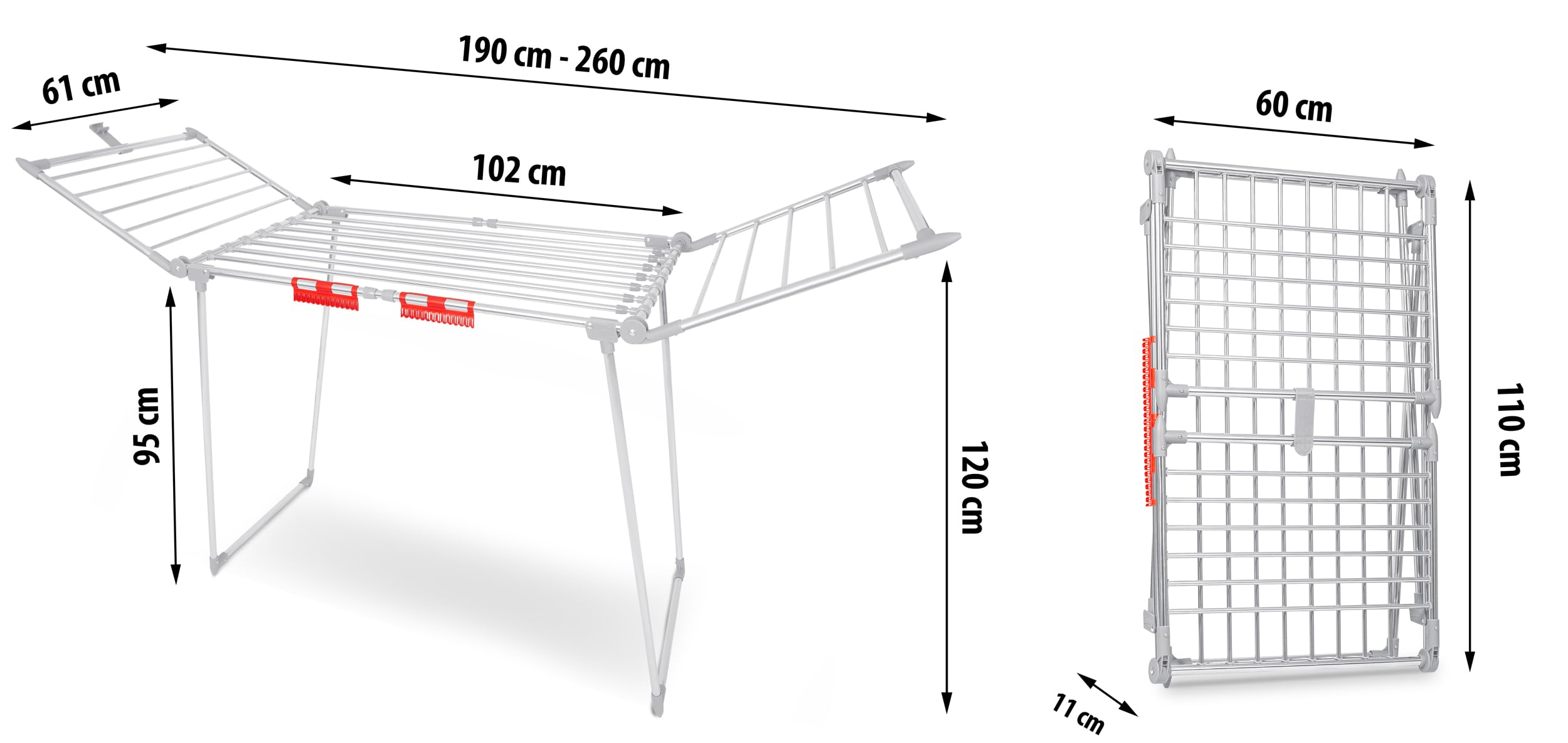 Wäscheständer XXL Rostfrei Outdoor Ausziehbar Teleskopisch Wäscheflügeltrockner Wäschetrockner Ständer Stabil Mit Rutschfesten Füßen Große Trockenfläche 27 M Lydia 190-260 x 60 x 117 cm