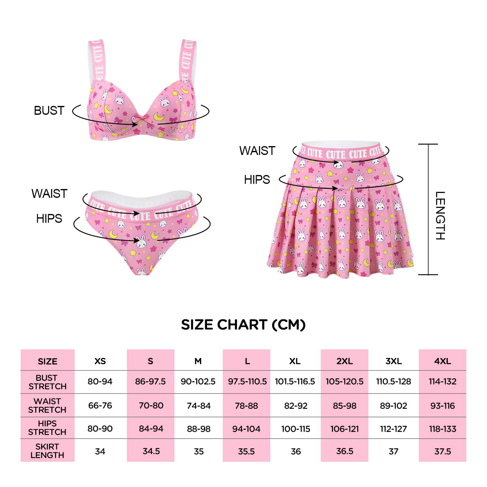 LittleForBig Frauen Hohe Taille Elastische Minirock Bralette Höschen 3 Stück Set Plus Size Friendly - Usagi Sporty Bralette Rock Set