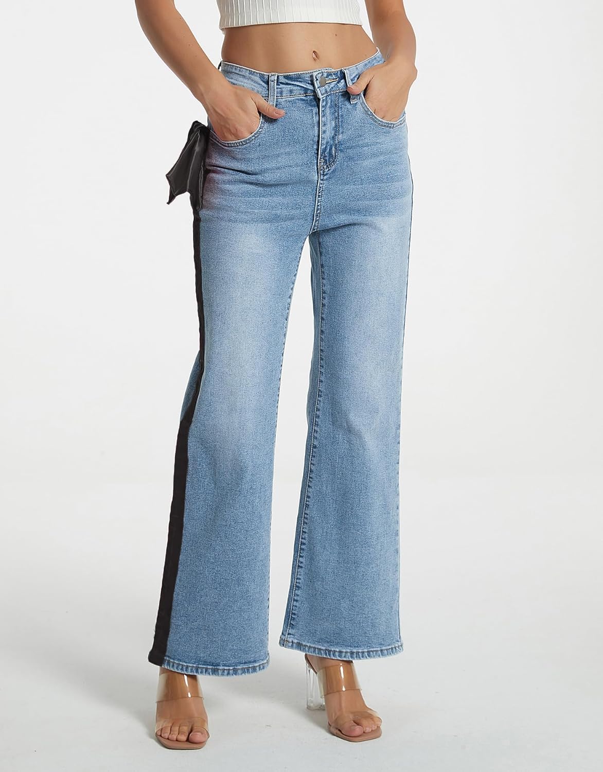 Kedera Womens Side Stripe Wide Leg Jeans Bow Ribbon Flared Denim Pants Y2K Trendy Casual Straight High Waisted Trousers - Image 2