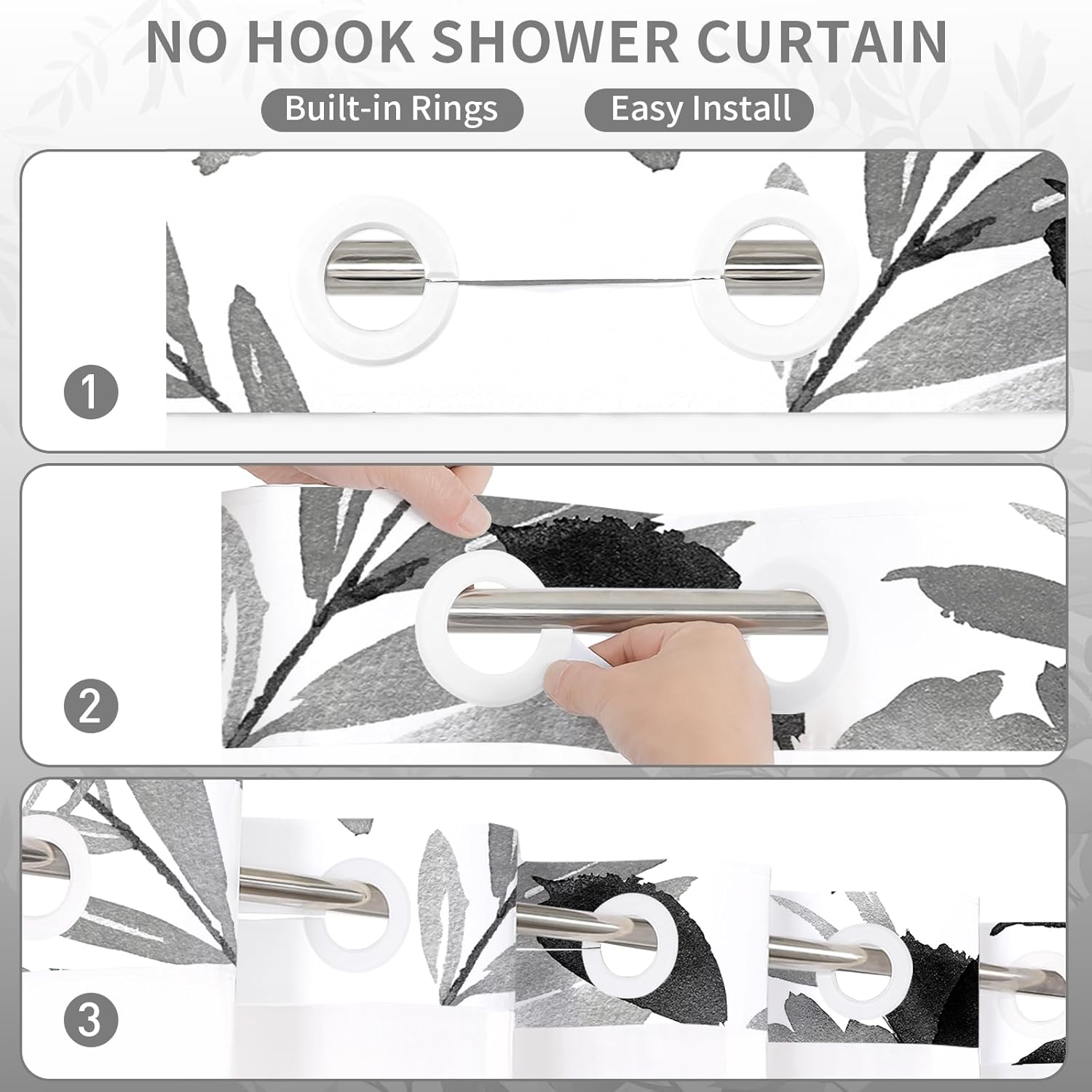 Litabel Long No Hook Black Watercolor Floral Shower Curtain and Liner Set, Flower Shower Curtains with Snap in Liner for Summer Bathroom Decor, Modern Botanical Waterproof Shower Curtain Set,72x80