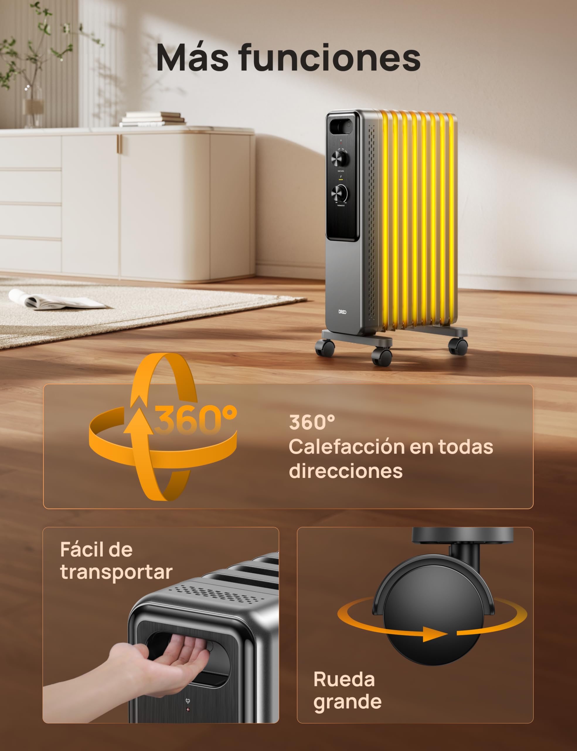Dreo Radiador de aceite con 9 aletas 2000W, calefactor eléctrico silencioso para dormitorio, termostato ajustable, protección contra sobrecalentamiento y vuelco, seguridad infantil, bajo consumo