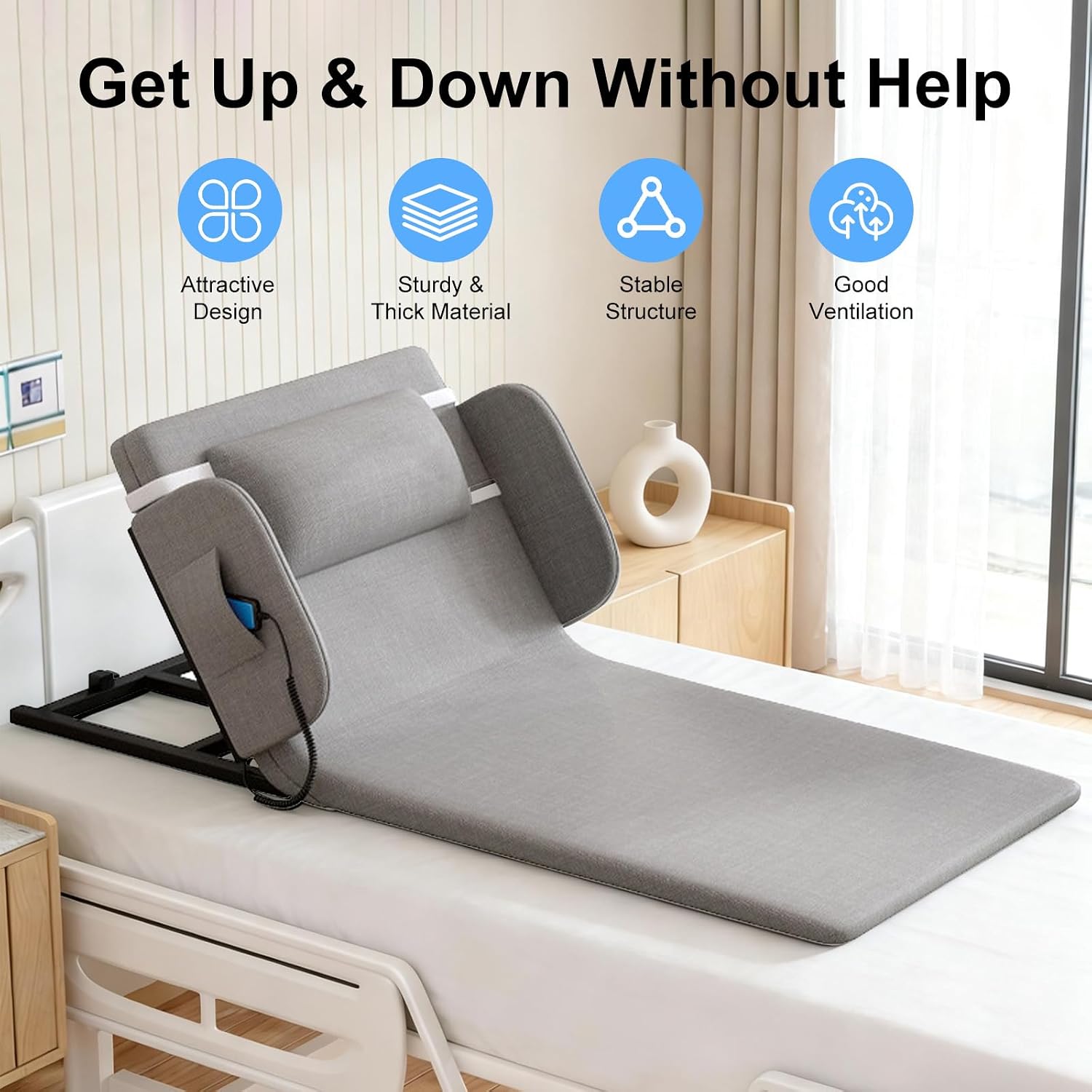 Electric Lifting Backrest for Bed, Adjustable Back Support Bed Lift with Remote Control, for Help The Elderly, Seniors, Patients, Disabled Gets Up Easily - 300 lbs Capacity