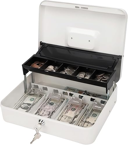 Vista 22 de Jssmst Caja de efectivo con tapa deslizante para monedas y cerradura de combinación de pestillo a presión, caja de dinero portátil con bandeja