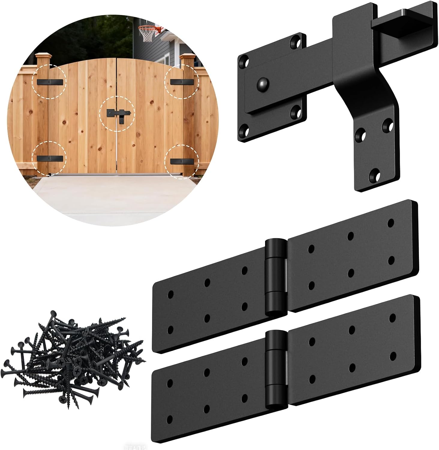 Fence Gate Hinges and Latch Set Heavy Duty -Black 270 Degree Strap Hinge & Adjustable Latch Kit for Outdoor,Garden,Backyard,Barn,Shed Wood Doors -Rust-Resistant Farm Gate Hardware with Screws