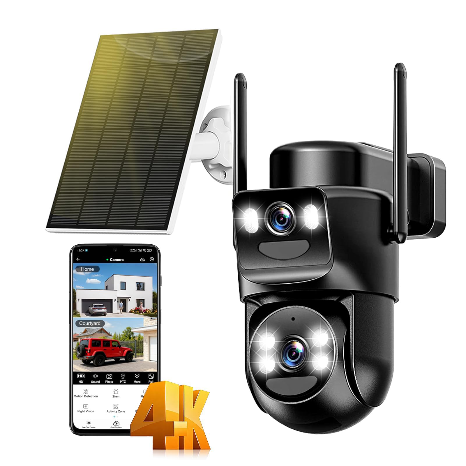 4K Telecamera Wi-Fi Esterno Senza Fili con Pannello Solare,8MP Doppio Obiettivo Videocamera Sorveglianza WiFi,Visione Notturna a Colori,Audio Bidirezionale,Rilevamento Umano PIR,IP66