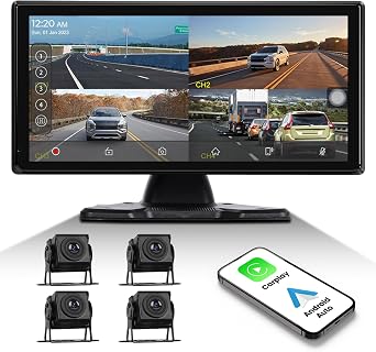 1080P 4K RV Backup Camera System Portable Wireless Apple Carplay/Android Auto Mirror Link Smart Player 10.36 inch Touchscreen Reverse Monitor DVR Loop Recording 4 Split Screen Bluetooth USB TF
