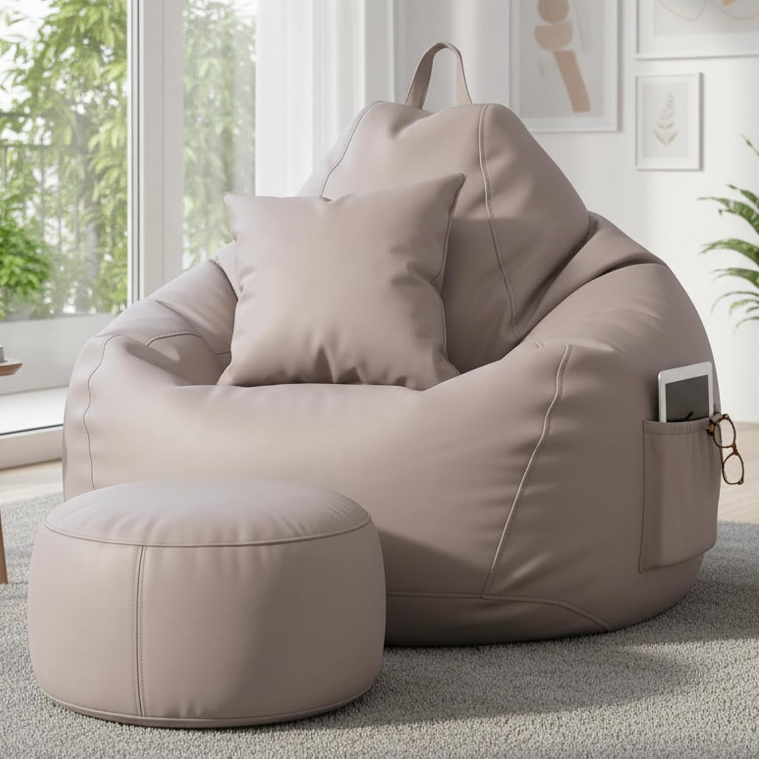 KAM’S LIEU 6XL Luxury Faux Leather Bean Bag with Footrest & Cushion | Pre-Filled High-Density Polystyrene Beans | Premium Leatherette |Teardrop Handle Design | 6 Months Warranty Color- Beige