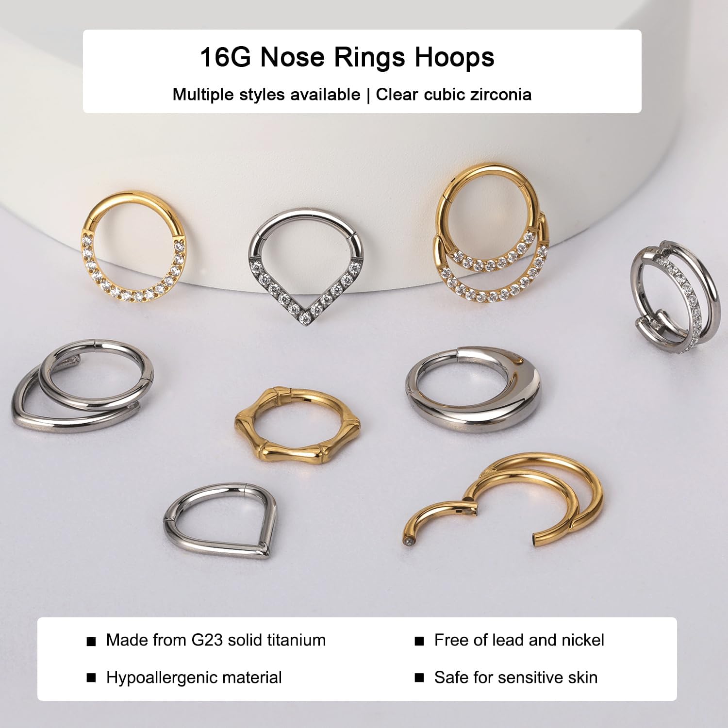 Titanium Septum Rings, 16G Septum Jewelry, Gold Septum Ring Hypoallergenic Hinged Clicker Septum Nose Piercing Jewelry Hoops for Women Men-8mm/10mm Silver/18K Gold Plated - Image 7