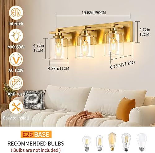 Miniatura 109 de 3 lámparas modernas de baño sobre el espejo, luces de tocador de oro negro para apliques de pared de baño con pantallas de vidrio blanco lechoso