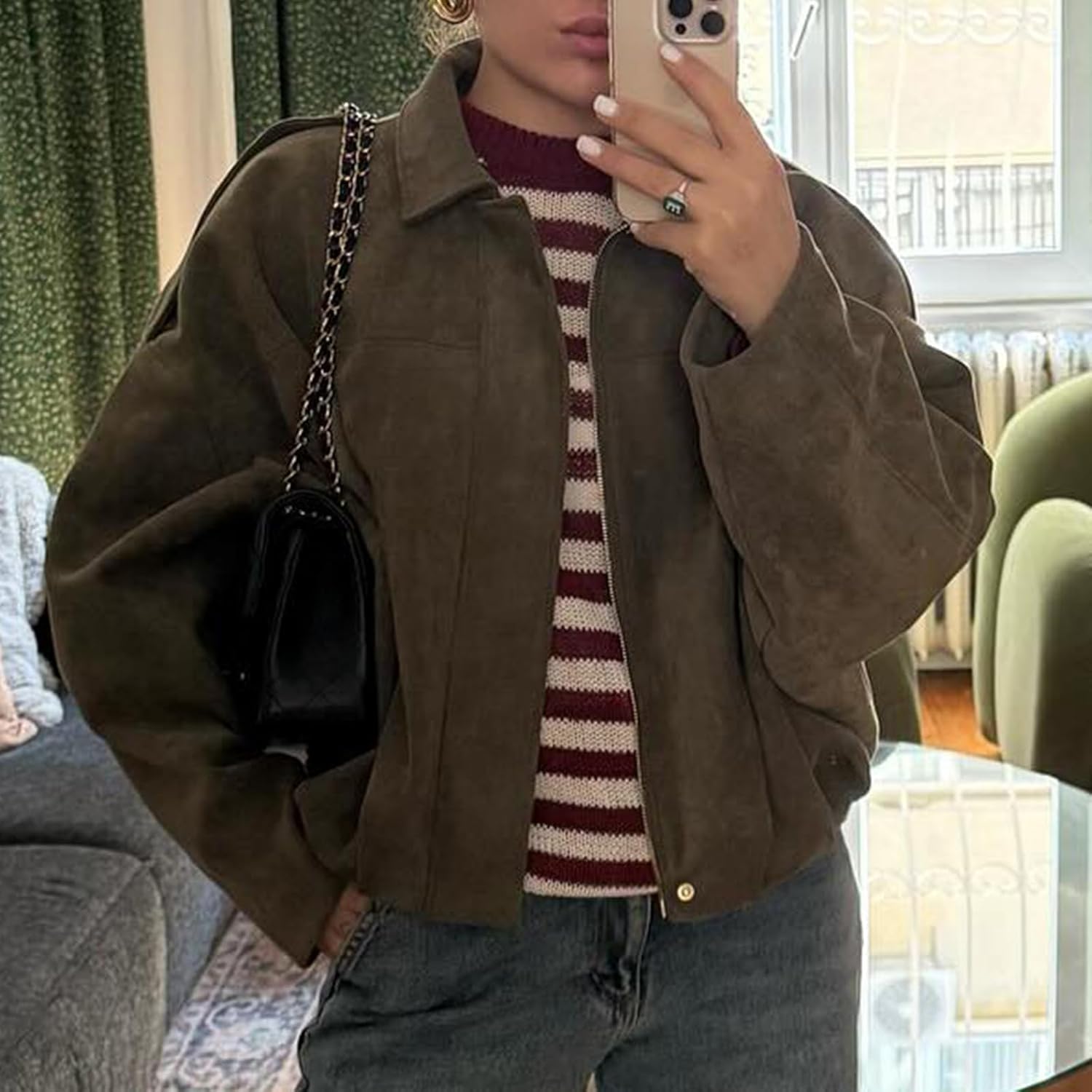 HOTIAN Women's Faux Suede Bomber Jacket Zipper Pilot Coat Casual Lapel Oversized Long Sleeves Y2K Outerwear Coats - Image 3