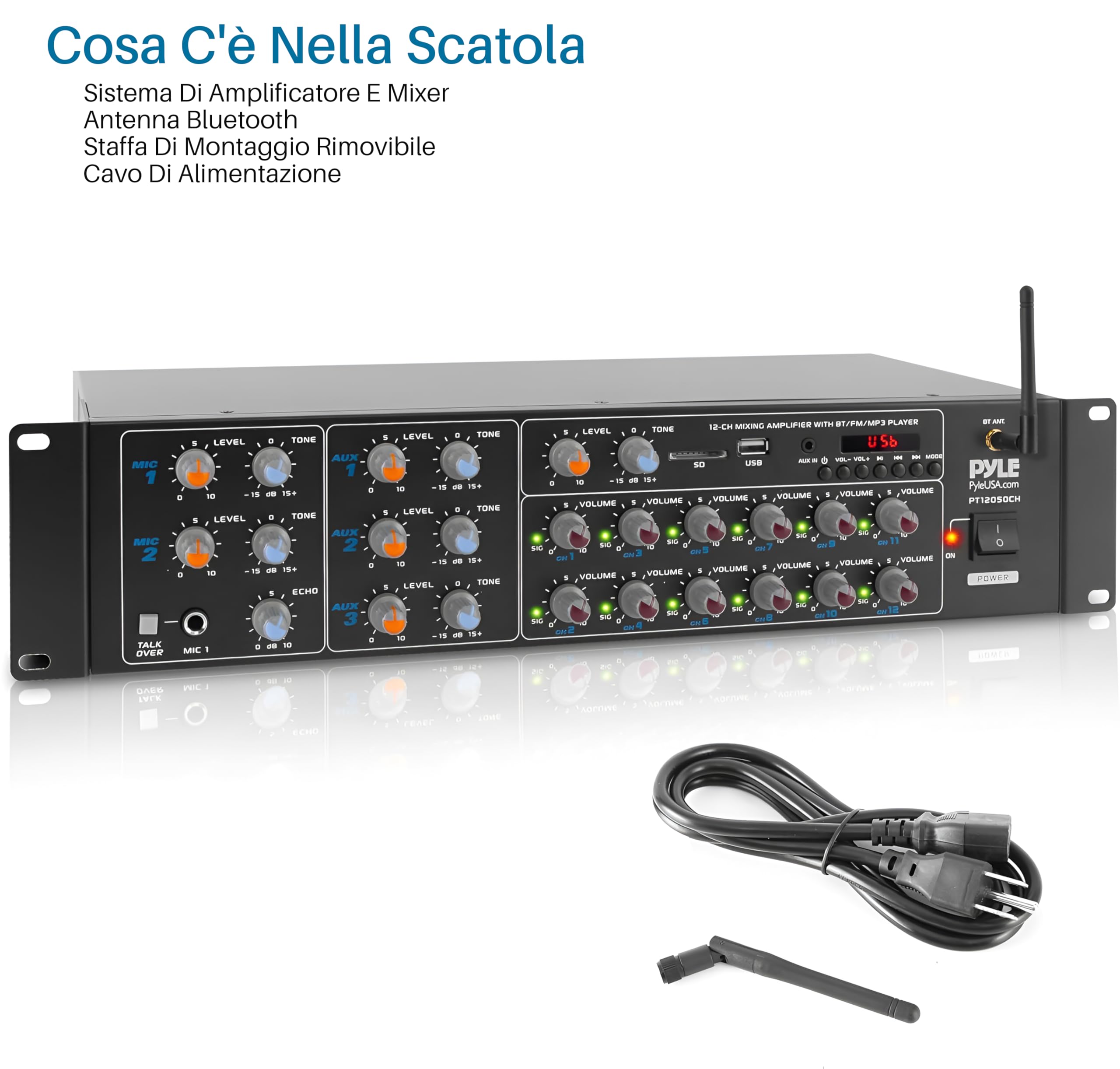 Pyle Amplificatore Audio Bluetooth 8 Canali, 4000 Watt Sistema Ricevitore Stereo Multi Zona con RCA, USB, AUX, per Altoparlante, PA, Teatro, Studio