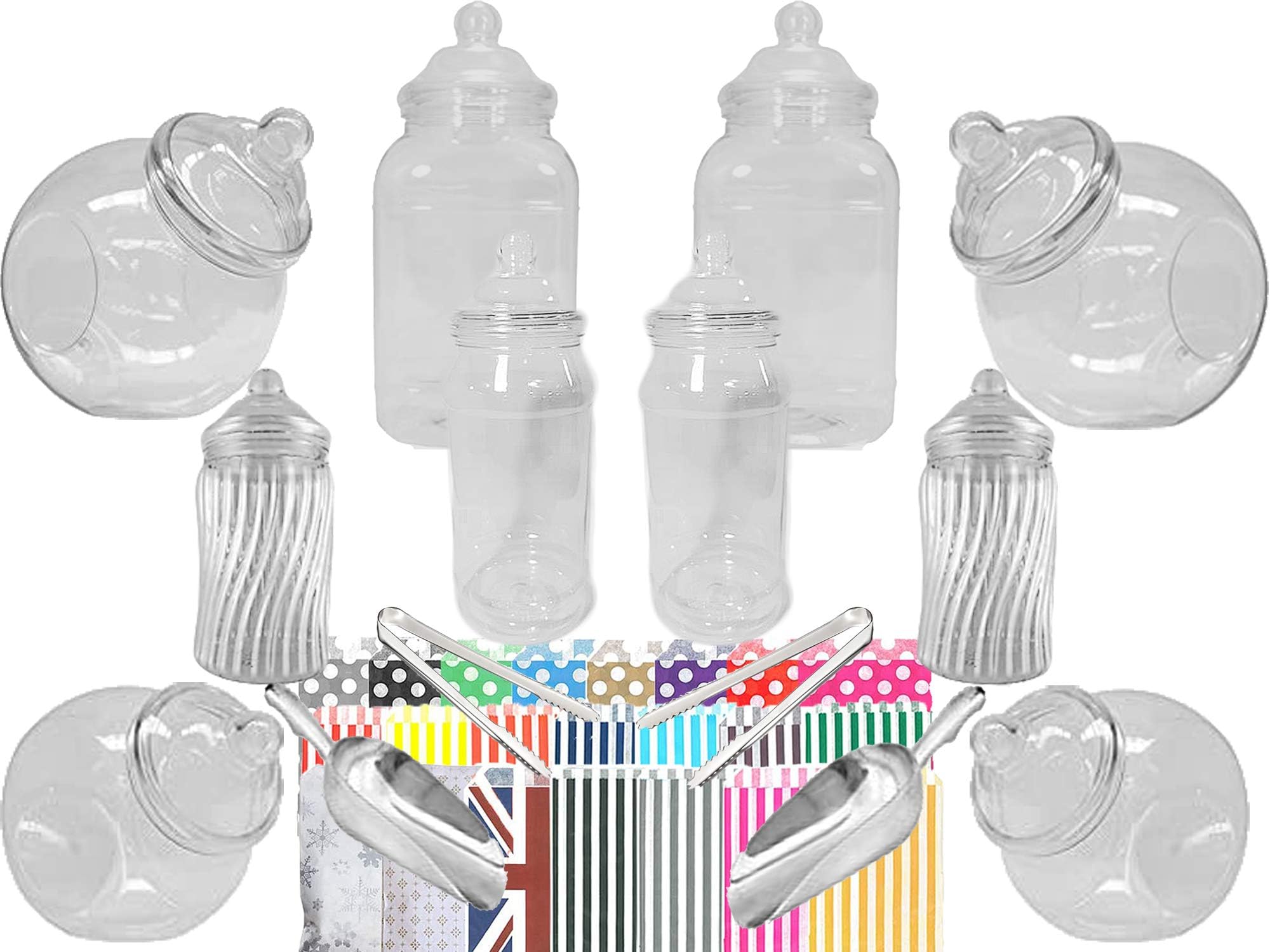 LARGE 10 MIXED Plastic Sweet Jars, 2 Tongs, 2 Scoops, 100 Bags - Vintage Victorian Pick & Mix Sweet Shop Candy Buffet Kit Party Pack (Aqua)