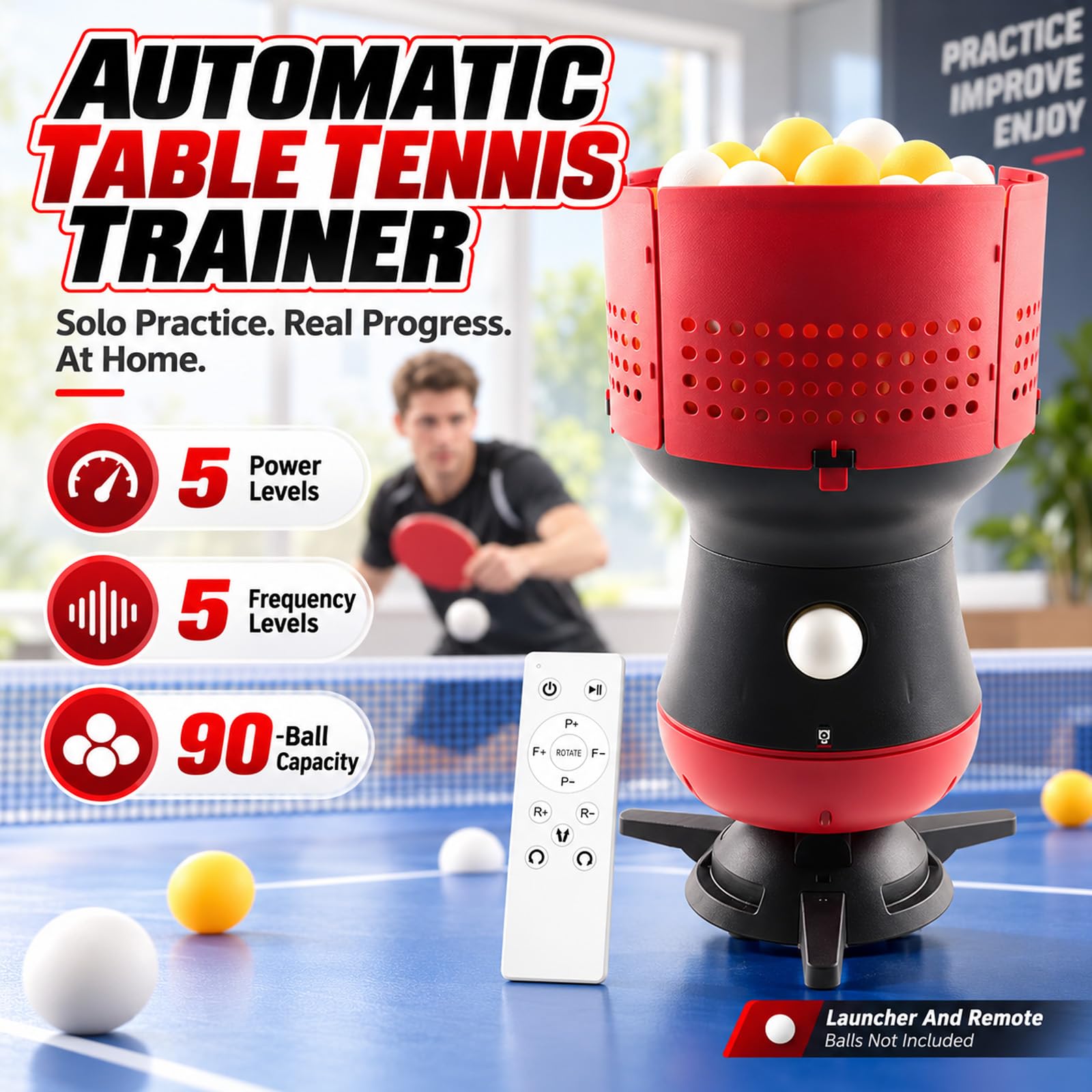 Robot Per Ping Pong, Macchina Automatica Per Palline Da Ping Pong Con Telecomando, Capacità 90 Palline, 5 Distanze Regolabili E 5 Livelli Potenza Regolabili, Serbatoio Palline Rimovibile