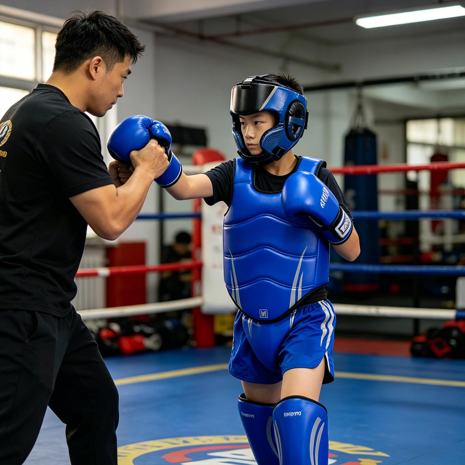 Schützendes Taekwondo-Ausrüstungsset | Kampfsportausrüstung, PU-Schaumstoff, komplettes Set mit Schienbeinschonern für Boxen, Kickboxen, mit verstellbarem Riemen