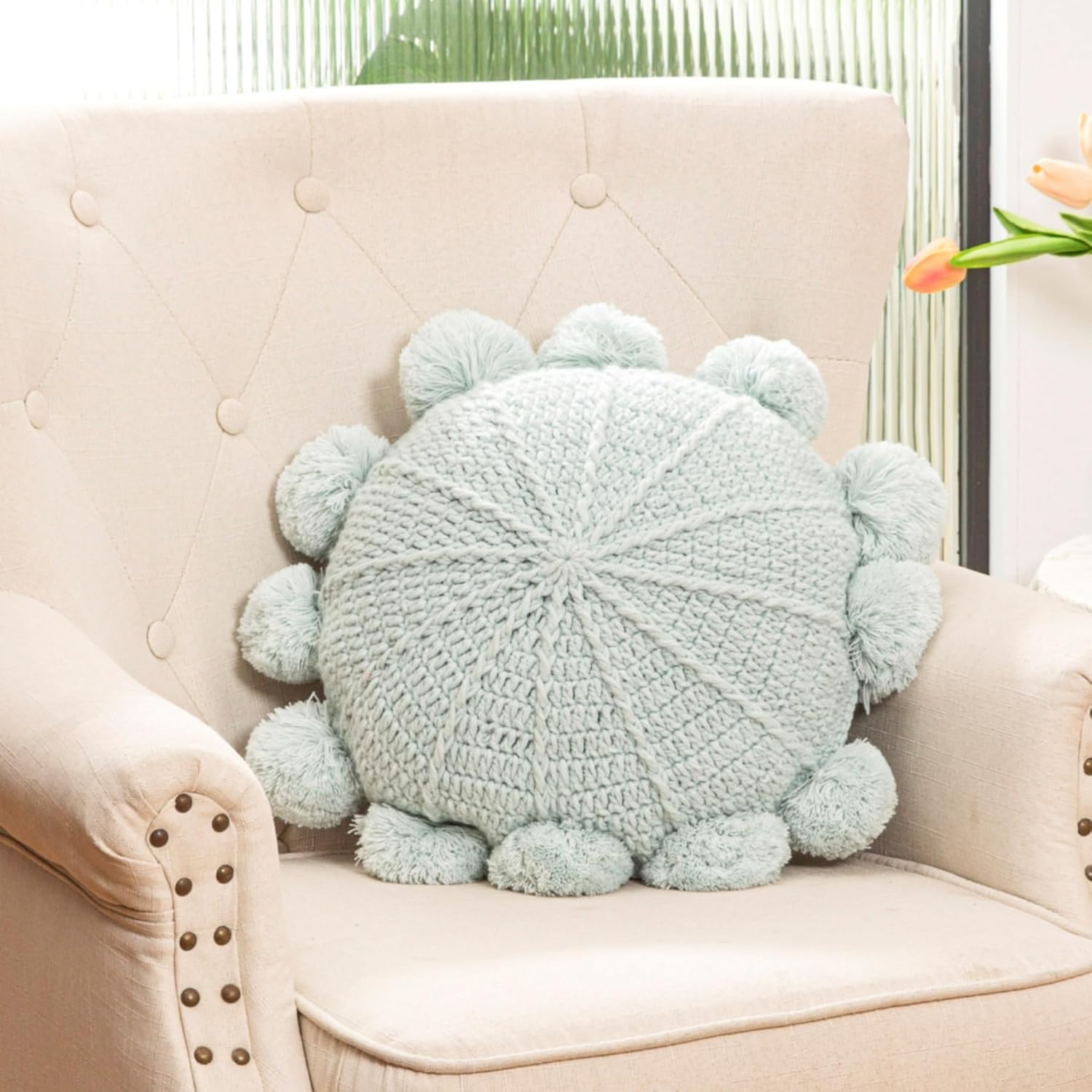 Knitted Throw Pillow Round Bohemian Round Pillow Decorative Pillow with Pom Pom (Beige, 18inch)