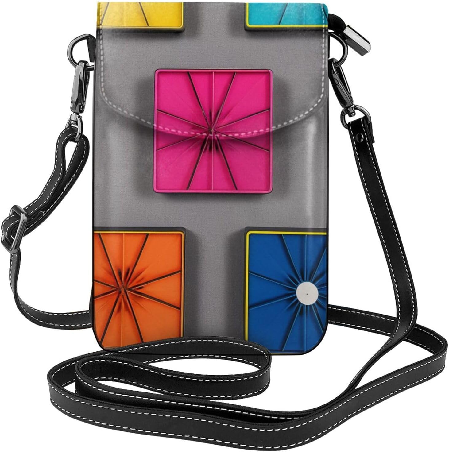 Small Crossbody Bags for Women,Leather Shoulder Bag for Cell Phone Purse with Strap and Colorful Squares Printed