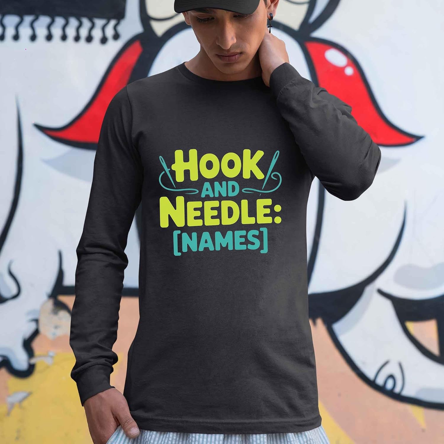 Fun Hobby Group T-Shirt with Name Collective Style Knitting - Hook and Needle Black