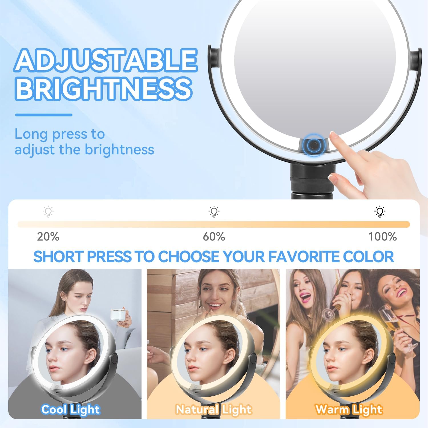 KOOKIN Travel Makeup Mirror with Lights and Magnification 1X/10X, Lighted Makeup Mirror, Rechargeable, 3 Color Lighting, Dimmable, 360° Rotation, Double Sided, Hanging Handheld Mirrors (Black)