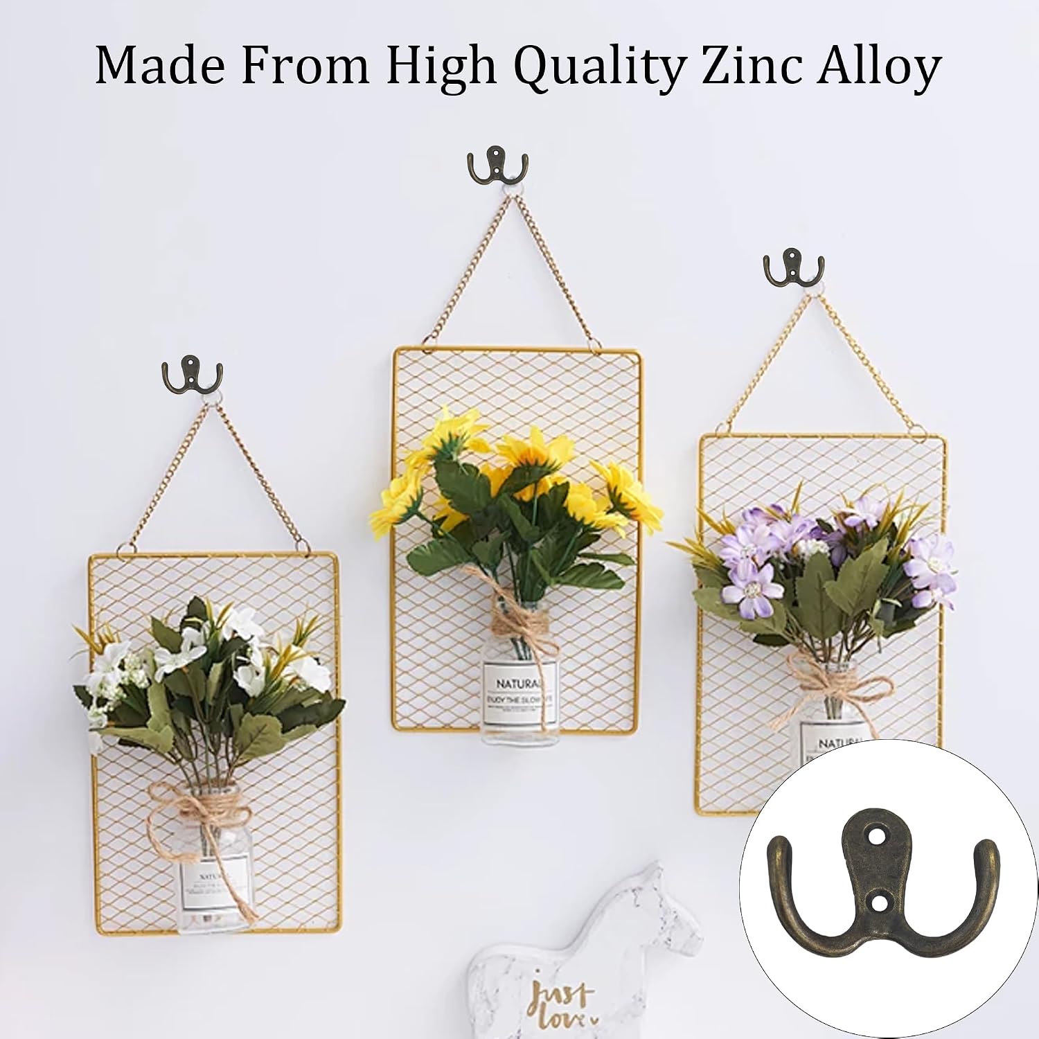 10PCS Double Prong Wall Hooks, Decorative Coat Hangers with Mounting Screws, Wall Mounted Hooks for Towels Clothes Bags Kitchen Bathroom（Bronze）