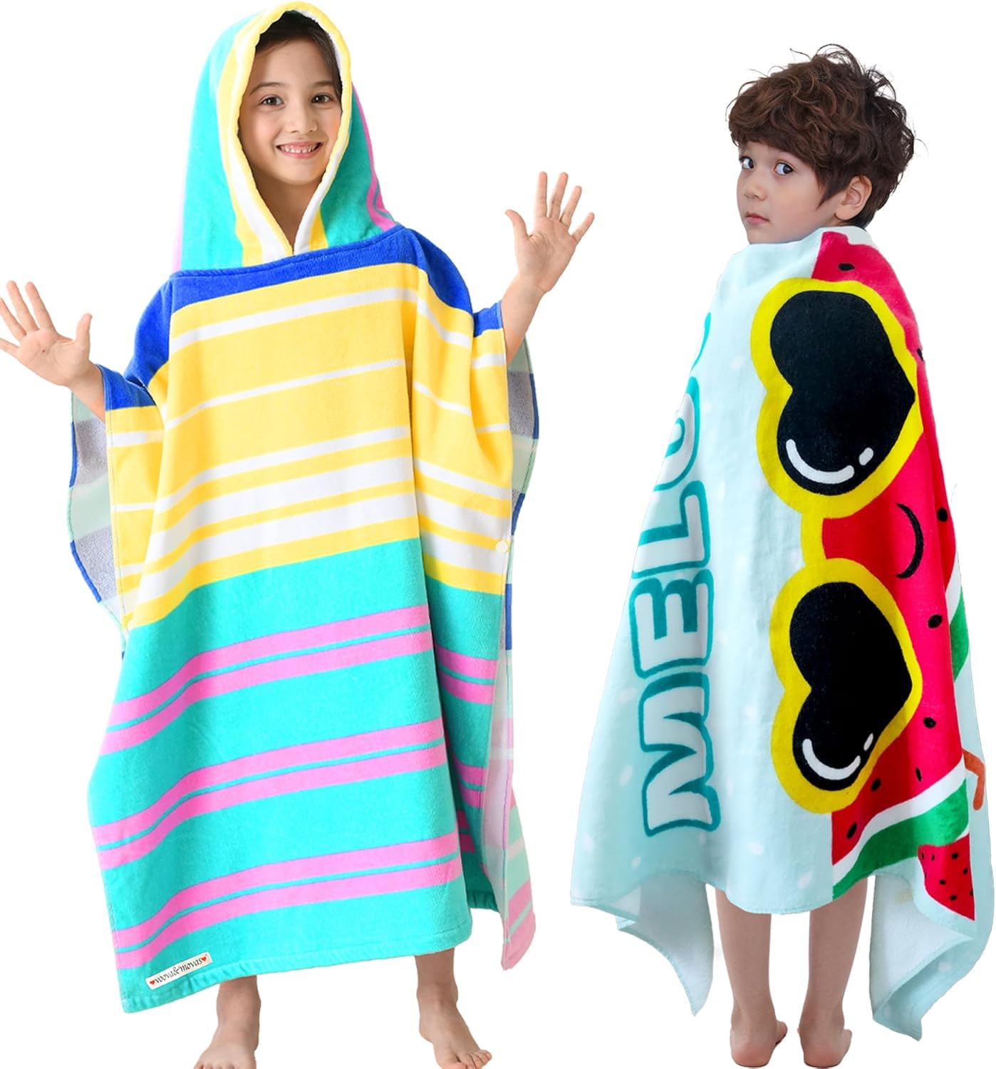VOOVA & MOVAS Kids Beach Towels Set 2PC,100% Cotton, Large,Soft, Absorbent, Summer Watermelon, Color Stripe