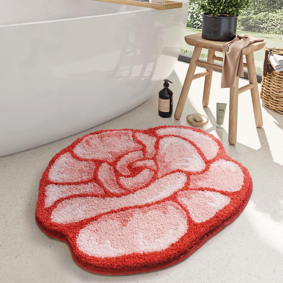 Ankah Plants Collection Bath Mat, Unique Natural Plant and Flower Shapes Design Bathroom Rug, Ultra Soft Microfibre, Medium-Pile, Durable, Non-Slip, Quick Dry, Machine Wash, 23.6"x 27.5", Rose
