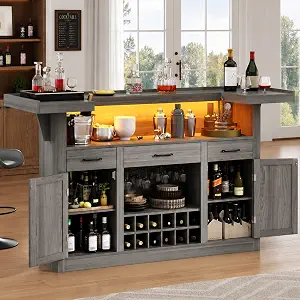 70.9" Bar Table Cabinet with LED & 3 Drawers, Liquor Bar for Home, Gray