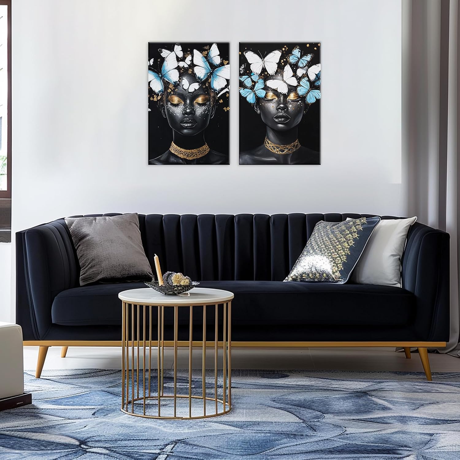 GLOKAKA African American Wall Art 2 Panel Watercolor Butterflies On The Black Girl Painting Modern Artwork for Living Room Bedroom Home Office Decor(Artwork-1,12"x16"x2pcs)