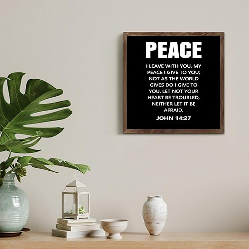 Vista 4 de Letrero de madera con marco rústico con texto en inglés "Peace I Leave with You,My Peace I Give to You", letrero de madera motivacional