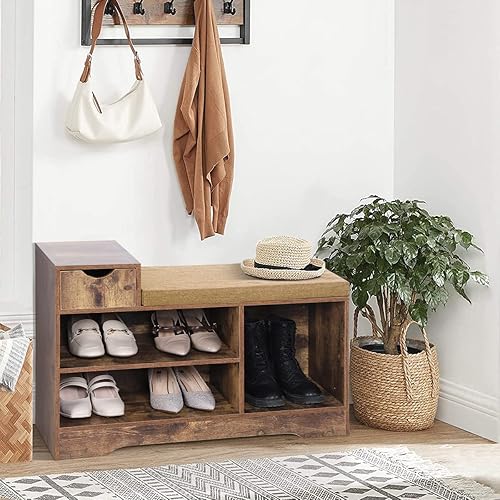 Miniatura 3 de PHI VILLA Banco de almacenamiento de zapatos con cojín de asiento, zapatero organizador de zapatos para entrada, sala de estar, marrón rústico