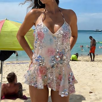 Women Y2k Sequin Cami Top Sparkly Sheer Mesh Embroidered Beaded Camisole Glitter Rave Top