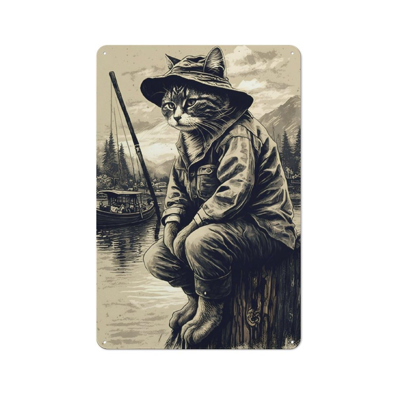 Cat Fishing in A Lake Retro-style Tin Wall Plaque 30x20cm for Living Room Wall, A Metal Wall Feature for Living Rooms And Feature Walls