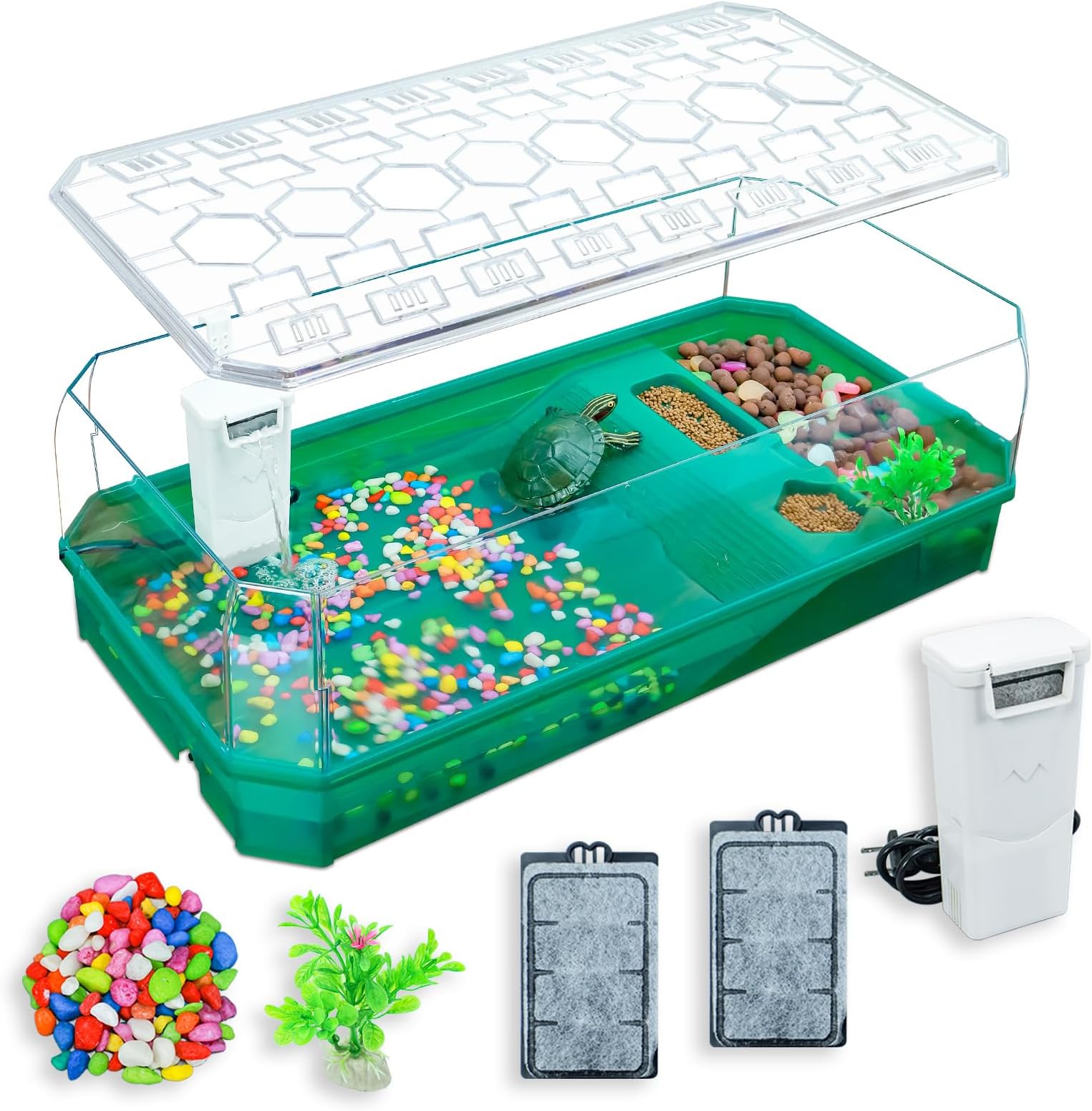 Binano Aquatic Turtle Tank Habitat Kit Stone+Filter+Heat Lamp Enhancing Interaction with 360° Viewing, Standalone Filtration, DIY Creative Zone, Enriched Living (Green, XL[Without Light])